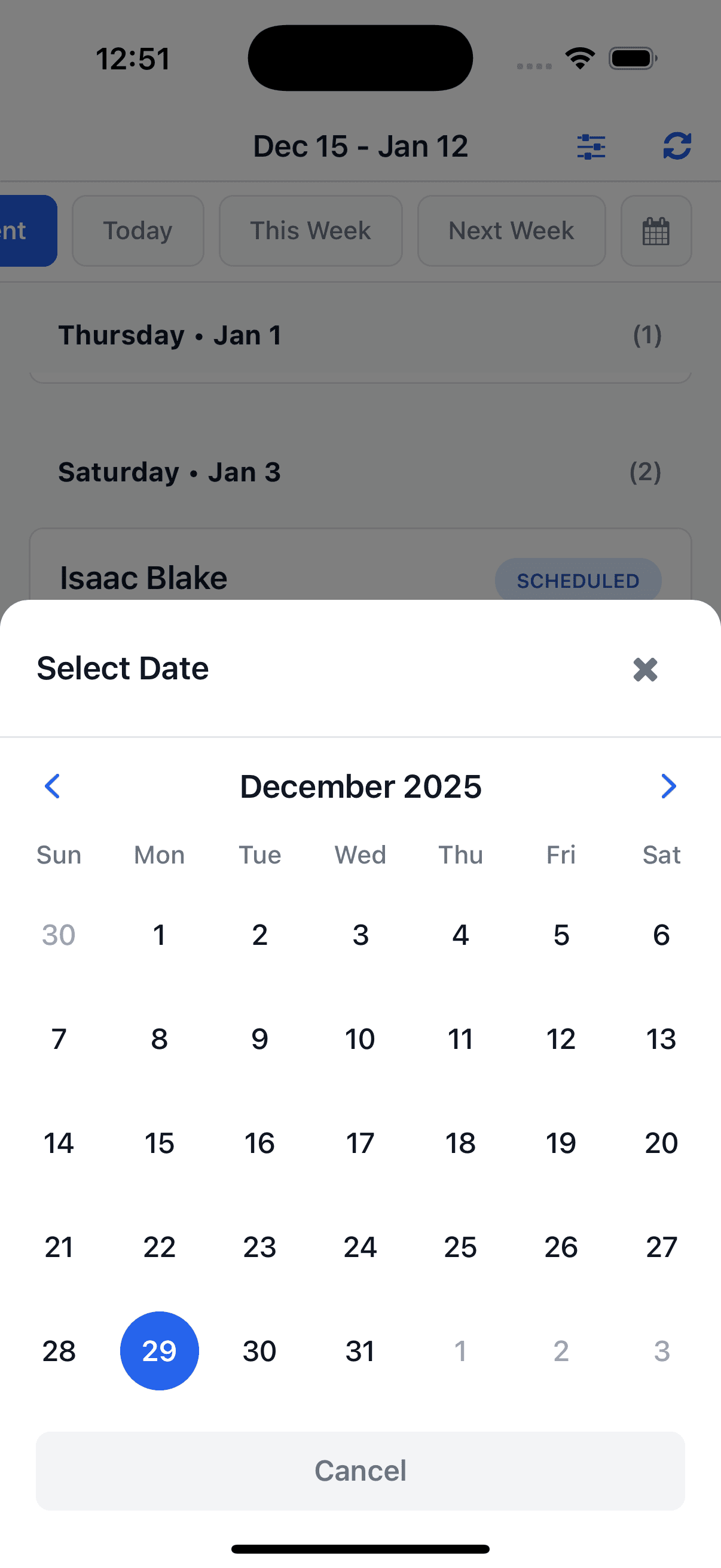 Calendar screen showing scheduled appointments