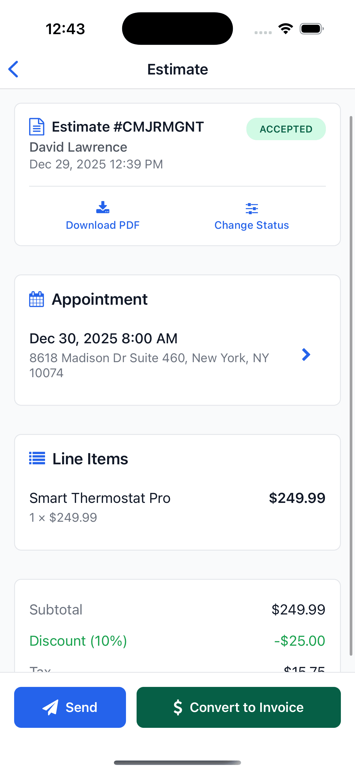 Estimate detail screen